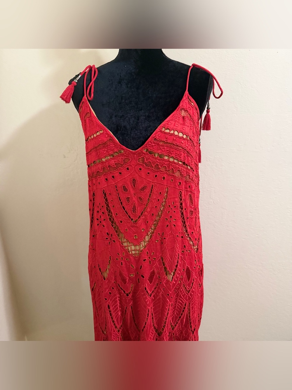 Free People PYT Mini Dress Red Lace Boho Crochet Scalloped Cutout Strappy V-Neck - Picture 5 of 15